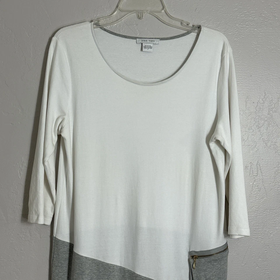 Vestido Joan Vass 2 Algodón Blanco Gris Cremallera Bolsillo Pullover Imitación Envoltura Manga 3/4 Foto 2 de 4