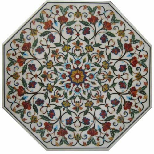 48-inch Handmade Marble Table Top with Semi-Precious Stone Pietra Dura Inlay Decor  