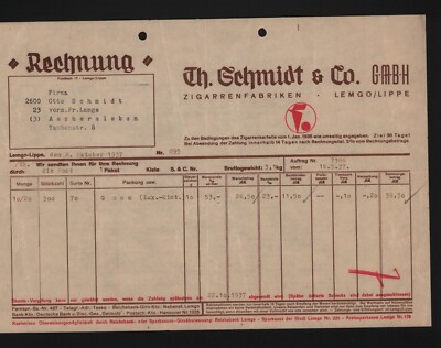 LEMGO-LIPPE, Rechnung 1937, Th. Schmidt & Co. GmbH Zigarren-Fabriken