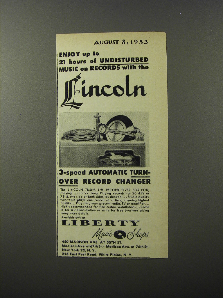 1953 Liberty Music Shops Lincoln Record Changer Ad Enjoy up to 21