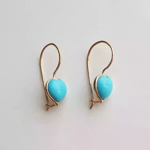Lab-Created Turquoise Heart Shape 14k Yellow Gold Plated Women Dangle Earrings - Picture 3 of 5