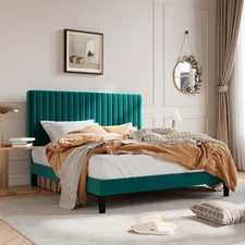 Full Queen King Bed Upholstered Platform Bed Frame & Adjustable Headboard, Teal