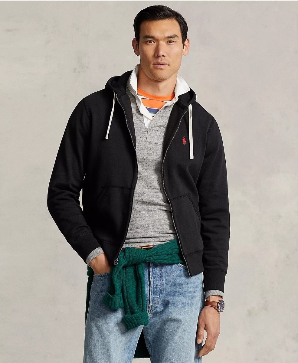 Mens Polo Ralph Lauren Black Signature Fleece Full-Zip Hoodie Size