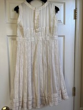 CHANEL 07C VINTAGE ECRU SILVER ACCENT SILK TWEED DRESS CC BUTTONS FR40