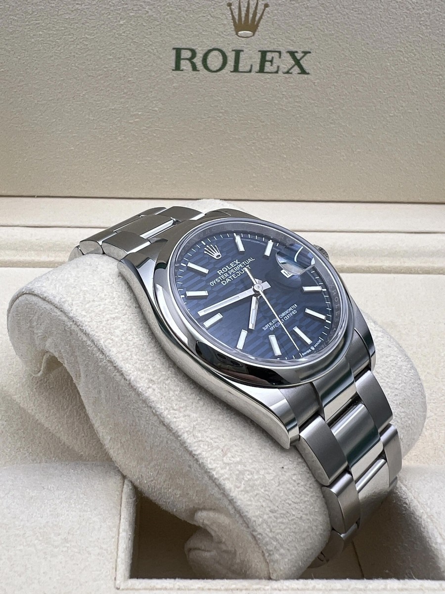 2023 Rolex Datejust 36 126200 Blue Motif Dial Oyster Smooth Bezel