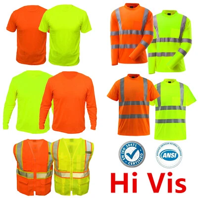 Safety Work Hi Vis Vest T Shirt Long Sleeve ANSI High Visibility Reflective Tape
