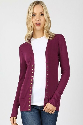 Women Snap Button Front V-Neck Soft Stretch Rayon Blend Fabric Sweater Cardigan - Picture 62 of 64