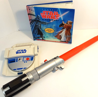 Vintage Star Wars R2D2 Computer and Lift-a-Flap Book  and Modern Red Light Saber