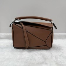AUTH Loewe Puzzle Mini Brown Calfskin Silver Hardware Top Handle Crossbody Bag