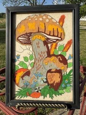 70s 70年代　壁掛け　インテリア　きのこ　レトロ　ポップ　ヒッピー　ラグ Vintage Retro 70's Trippy Mushroom Handmade Art 7.25x5.25