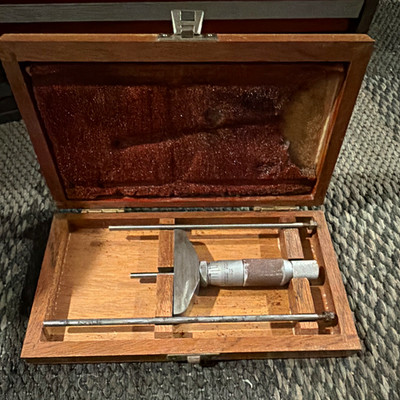 Vintage HELIOS Depth Micrometer Set Germany w/ Wood Case 2 Rods Untested