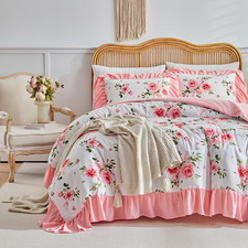 Flower Comforter Set Twin Size 68  86In - White Pink Floral with Green Leave St