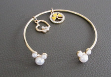 Disney Mickey Mouse Faux Pearl Heart Crystal Clover Charms Open Cuff Bracelet