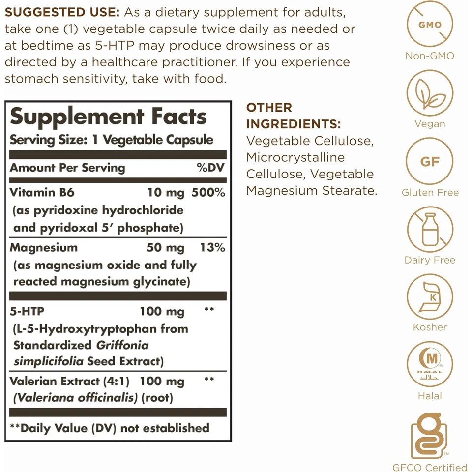 Solgar 5-HTP 100 mg, Promotes Relaxation, 90 Vegetable Capsules - Image 2 of 4
