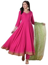 GoSriKi Women's Rayon Viscose Solid Anarkali Kurta with Pant Dupatta