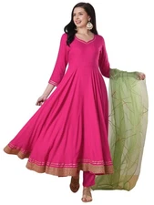 GoSriKi Women's Rayon Viscose Solid Anarkali Kurta with Pant & Dupatta
