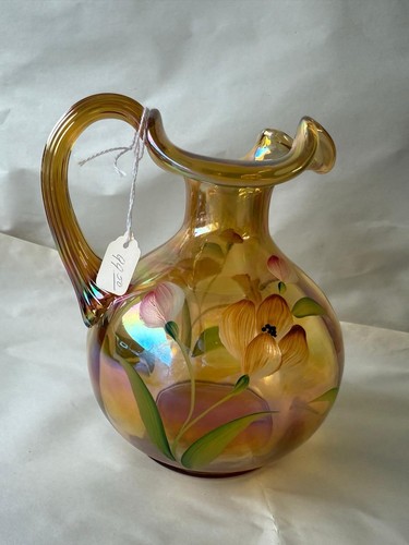 Fenton Art Glass 100 Years Hand-Painted Iridescent Pitcher Floral Design Signed 