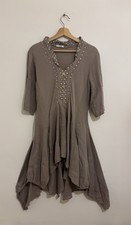 JS Millenium Asymmetric Parachute Dress Taupe Polka Dots 100% Linen. Medium.