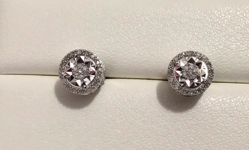 VTG DLC 925 Sterling Silver Natural Diamond Halo Stud Earrings EUC 1.6g