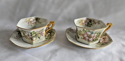 Pair of Limoges France C. F. Wyatt Porcelain Tea Cups & Saucers - Pink Floral