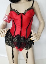 Escante Corset Red Satin Black Lace 20736 S Small - includes thong and stockings