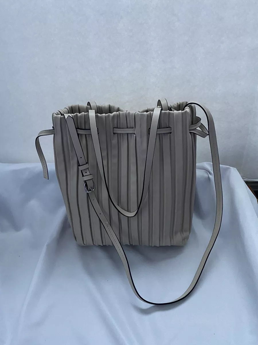 ZARA Leather Bucket Bag Shoulder Hand Bag Way Pleats Beige Women#039;s  Pristine eBay