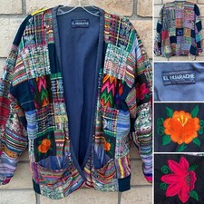 Chaqueta abierta tejida a mano bordada guatemalteca colorida talla S El Huarache