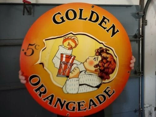 LARGE VINTAGE GOLDEN ORANGEADE PORCELAIN HEAVY METAL ORANGE JUICE SIGN 24" - Image 2 of 4