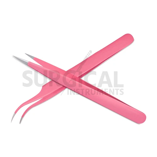 2 Pcs Eyelash Extension Tweezers Straight & Curved Stainless Set (pink) German G image 12