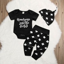 Newborn Toddler Baby Boy Letter Romper Bodysuit Long Pants Hat Outfits Clothes
