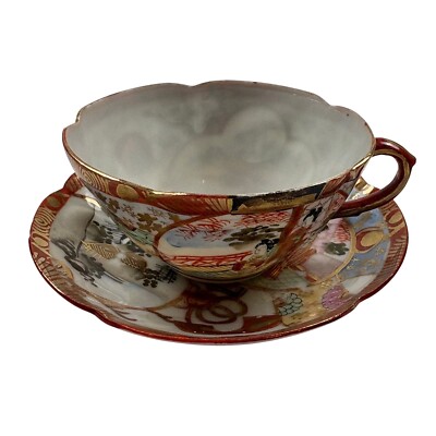 Antique Kutani Japan Tea Cup & Saucer Set Hand Painted Porcelain Gold Signed