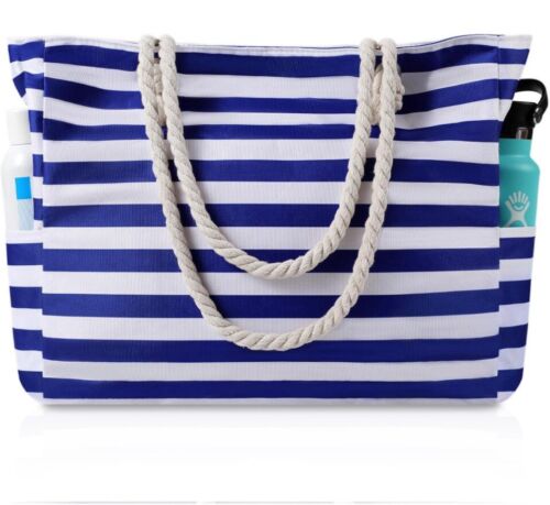 Large Striped Beach Tote Bag with Rope Handles Zipper Closure