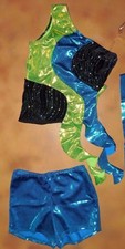 NWOT glittered foil Dance costume top shorts asymmetrical Lime Blue Small adult