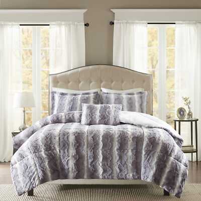 Full Queen King Bed Gray Grey Ombre Striped Faux Fur 4 pc Comforter Set Bedding