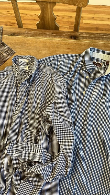 Lot Of 2 Shirts. James  Tattersall Button Down Men's XL /Tan Plaid Long Sleeve