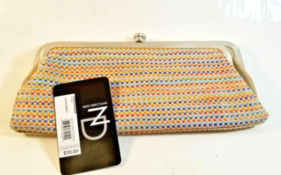 New Direction Clutch Turquoise Blue Pattern Two Compartment Kiss Lock Clasp NWT