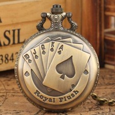 Retro Royal Flush Poker Card Pattern Quartz Pocket Watch Necklace Pendant Chain