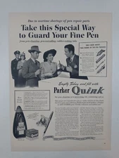 1942 PARKER QUINK Fountain Pen Ink Guard Fine WWII Vintage B&W Poster Print Ad