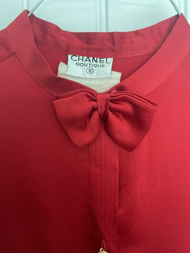 Rare Vintage Chanel Boutique Logo Blouse, Bow Tie Neckline - Red - Picture 2 of 13