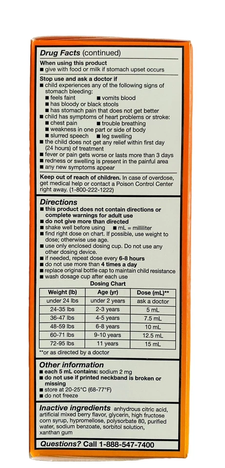 3X Childrens Liquid Ibuprofen Oral Suspension DYE FREE BERRY FLAVOR 8 oz 12/2025 - Image 4 of 4