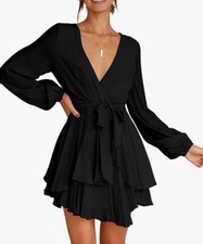 Women's Dress Deep V-Neck Long Sleeve Waist Tie, Ruffle Mini, Swing ,Party Dress