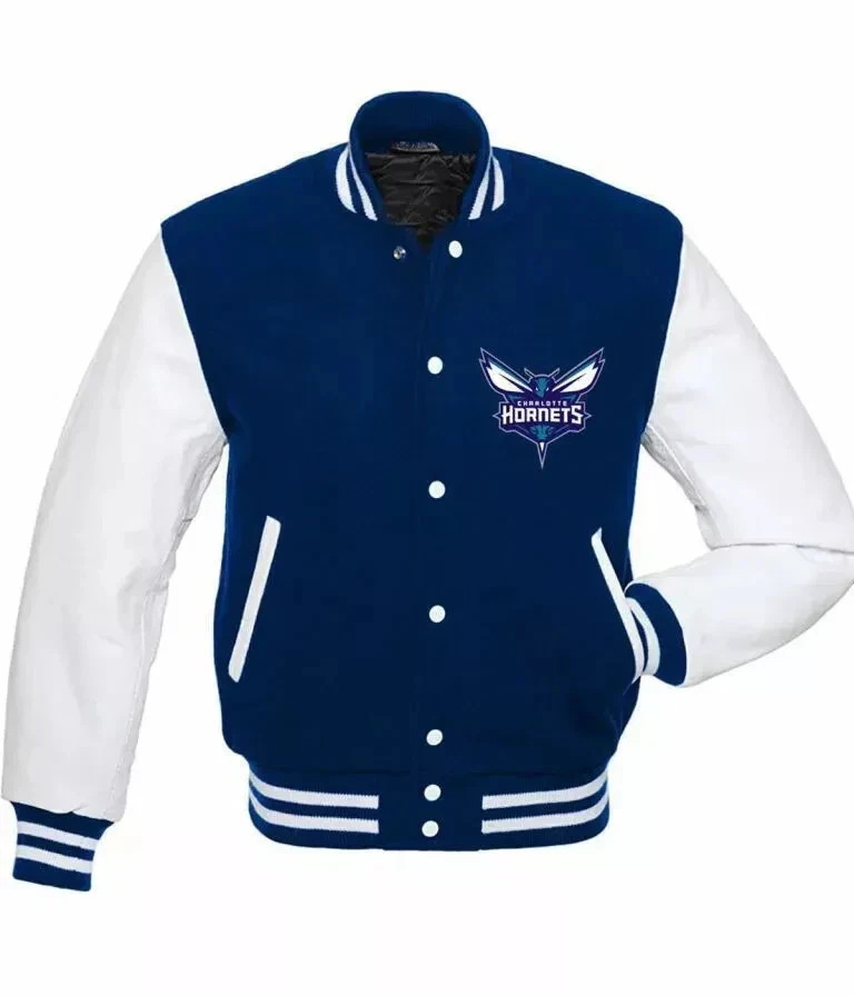 Charlotte Hornets Varsity Jacket Blue / White Wool & Leather Bomber Style Coat