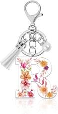 Flower Letters Key Chain Women Alphabet "R" Initial Simulated Pearls Tassel