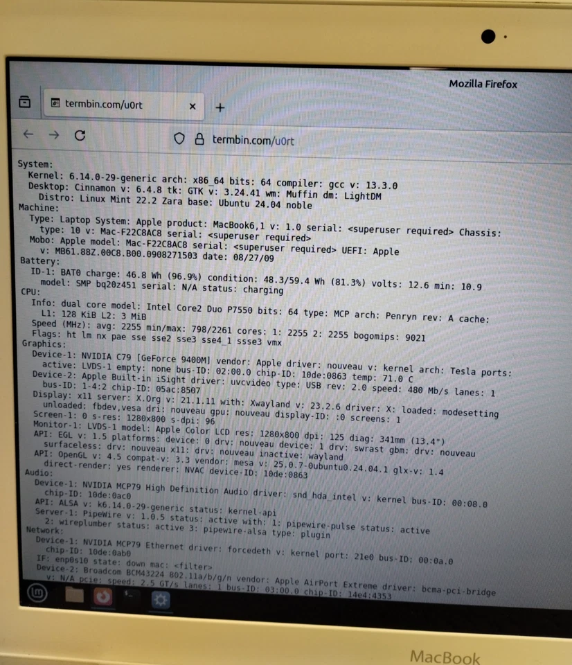 Apple MacBook A1342 2009 13.3'' Core 2 Duo P8700 4GB RAM GB HDD Linux Mint - Image 4 of 4