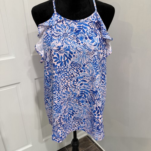 New Lilly  Pulitzer Billie Halter Top Womens Xl Blue Pink Shell Coral Print