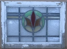 ABSTRACT MIDSIZE OLD ENGLISH LEADED STAINED GLASS WINDOW 25.25" X 18.25"