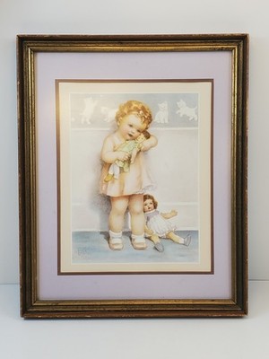 Bessie Pease Gutmann Picture Print Love is Blind Girl Dolls Kittens Wood Framed