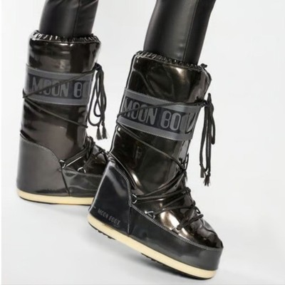 NWOT Tecnica Moon Boots Icon Tall Black Vinile Met Snow Winter Apres Ski, 7/8.5