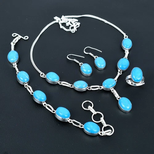 Sleeping Beauty Turquoise Oval Gemstone 925 Sterling Silver Jewelry Set VJ 1026