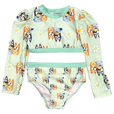 Bluey Bingo Toddler Girls 2pc Long Sleeve Green Bikini Swimsuit Swimming